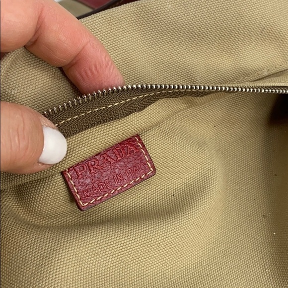 Prada Large Beige Canvas Red Leather Shoulder Tote - Picture 13 of 15